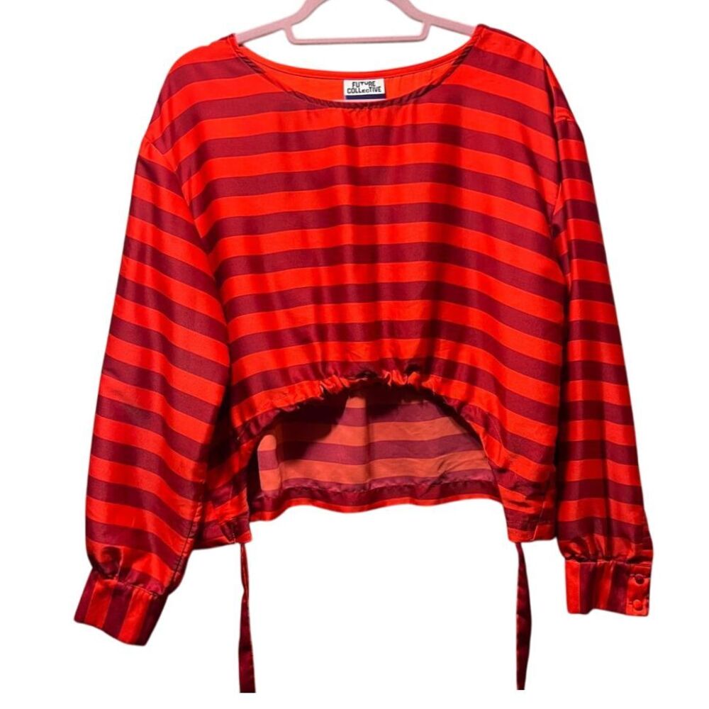 Future Collective Striped Crop Top Ruffle Hem Long Sleeve Blouse Size L Kahlana‎